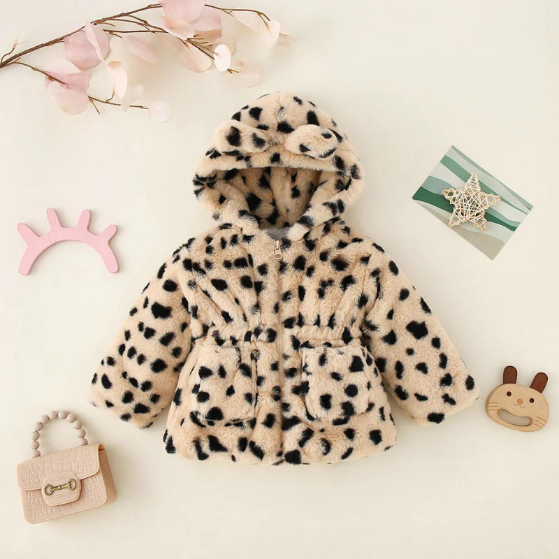 Description Picture 3 of itemWinter Children's Leopard Print Wool Sweater New Cotton Coat Rabbit Ear Hooded Zipper Waist Cinching Thick Jacket