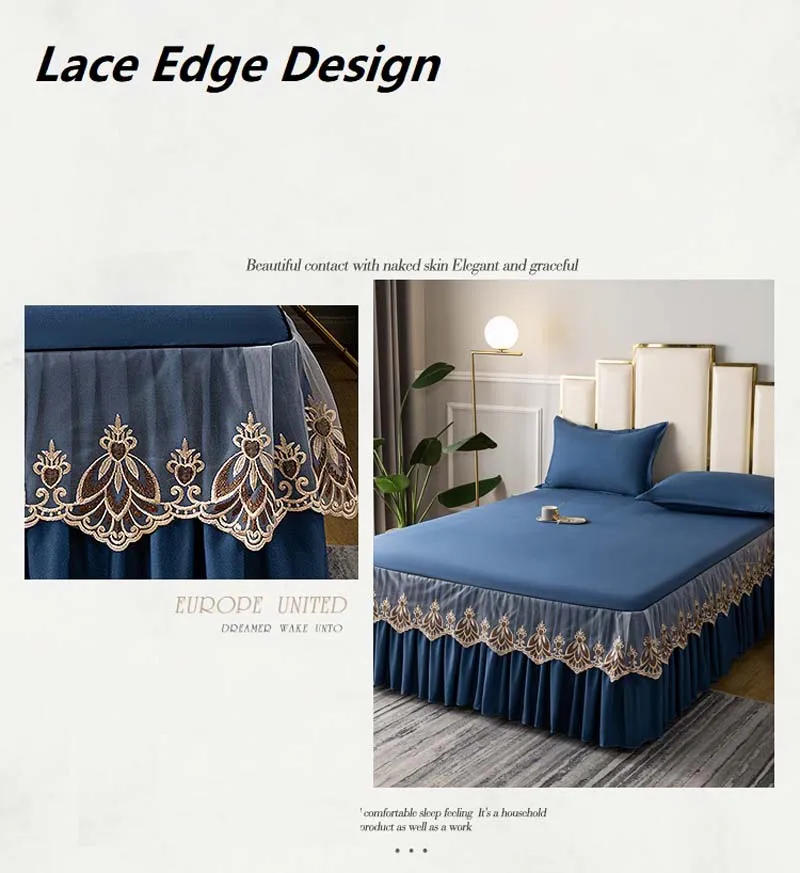 Description Picture 3 of item3pcs Set Raw Cotton Soft Bedspread Bed Romance Dust Protector Cover Embroidery Lace Edge Bed Skirt with 2pcs Pillowcase
