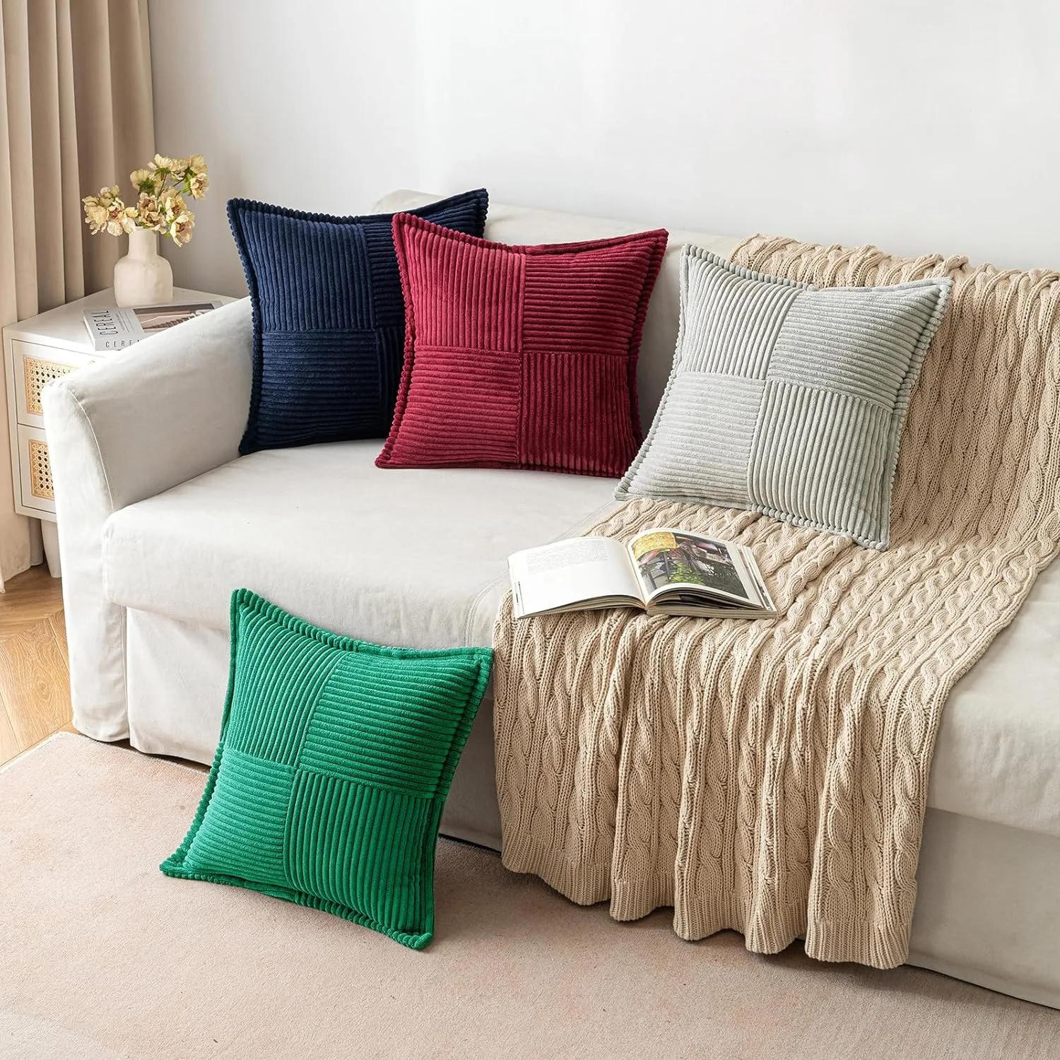 Description Picture 4 of itemBeige Corduroy Decorative Throw Pillow Covers with Splicing 18x18 Inch Luxurious Textured Boho Striped Broadside Cushion Cover