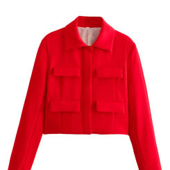 TRAFZA Spring Jacket For Women Slim Cropped Coat Elegant Solid Long Sleeve Jacket Front Flap Pocket Outerwear Fashion Streetwear