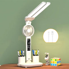 LED Desk Lamp 2 Heads Table Light with Fan Rechargeable Foldable Touch Calendar Clock Dispaly Eye Protection Study Reading Lamp