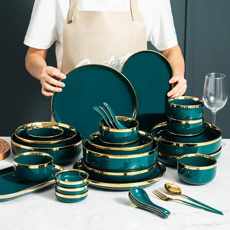 Description Picture 2 of itemCeramic Dinner Plates Dinnerware Set Dishes Luxury Green Food Dessert Plate Salad Soup Bowl Tableware Set for Restaurant Hotel