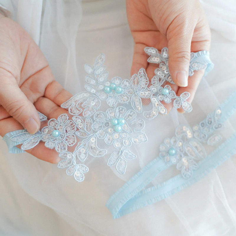 Description Picture 3 of itemWedding Dress Pearl Bead Tablet Decoration 2Pcs Bride Leg Elastic Garter Women Thigh Bands Leg Stockings Ring White Blue