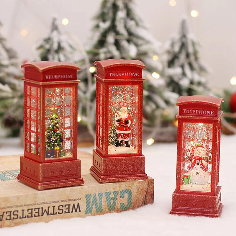 Description Picture 3 of itemChristmas Red Vintage Luminous Phone Booth Lantern Christmas Tree Snowman Santa Claus Figurine In Telephone Booth Decoration