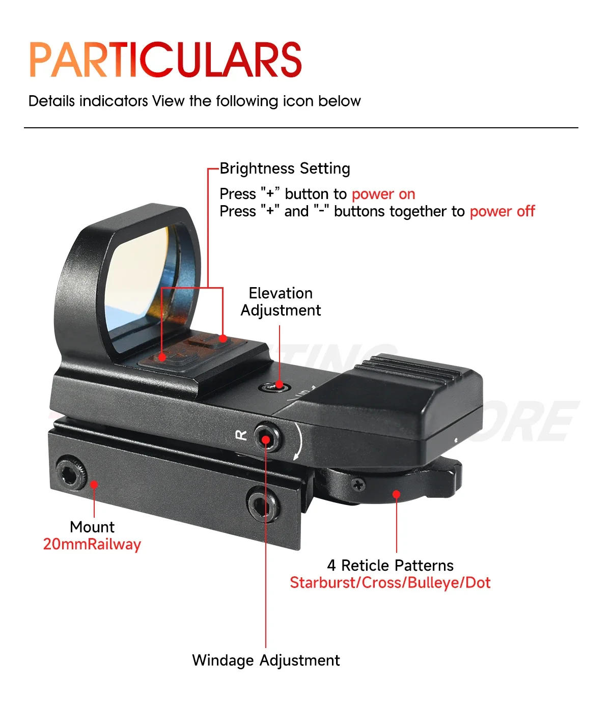 Description Picture 5 of itemHunting Rechargeable Red Dot Reflex Sight 1x22x33mm 1MOA Hunting Optics Pistol Riflescope 4 Reticle Dot Fits 20mm Picatinny Rail
