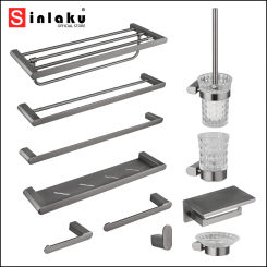 SINLAKU Bathroom Accessories Set Wall Mounted Gun Grey Toilet Brush Soap Holder Towel Bar Toilet Paper Roll Holder Double Hanger