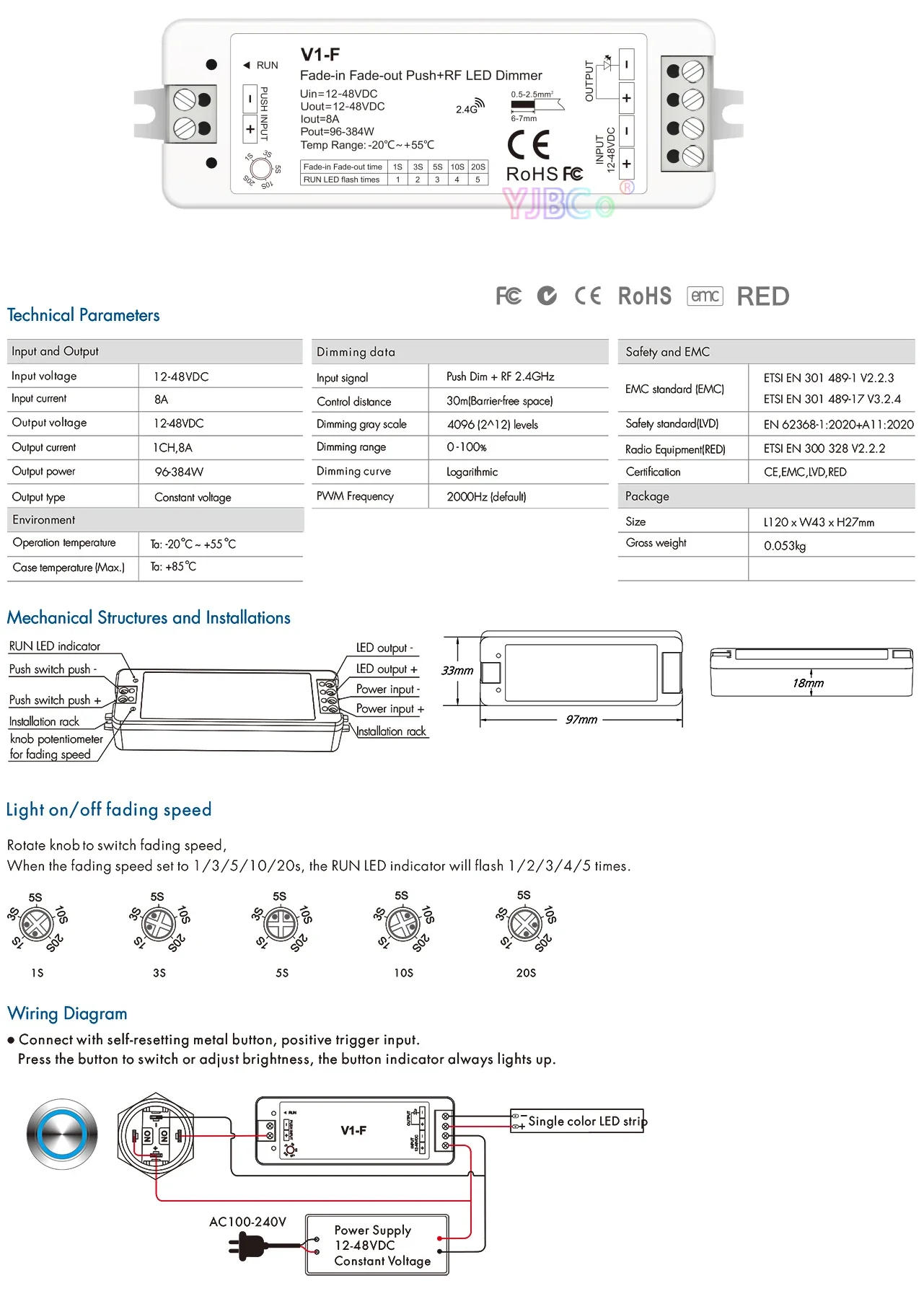 Description Picture 4 of itemV1-F Single Color led Strip tape 12V-48V Push Dim CV Fade-in Fade-out LED Dimmer 24V 36V 1CH*8A 5 Fading Speed/Step-less Dimming