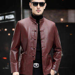 Mens Genuine Leather Tang Suit Jacket Vintage Chinese Style Stand Collar Real Cow Leather Short Coat Men Slim Outerwear Size 5XL