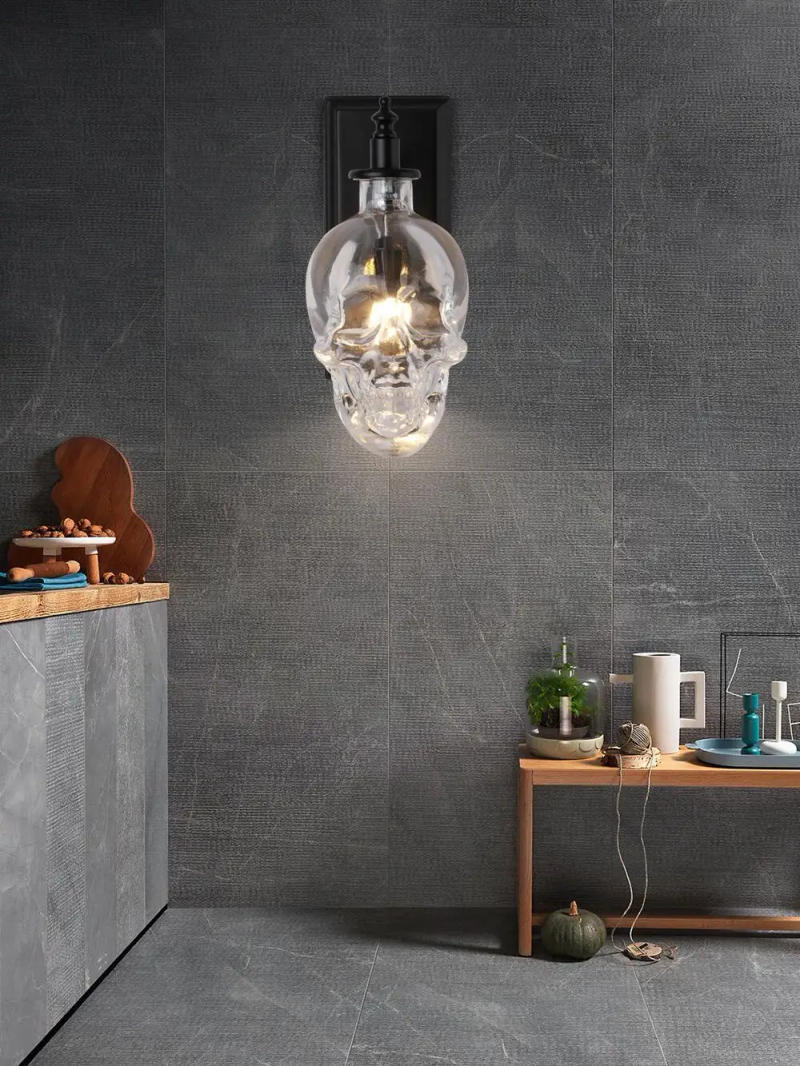 Description Picture 4 of itemRetro Skull Bones Wall Lamp Loft Sconces Clear Glass Bottle Wall Art Light Fixtures for Dinning Room Bar Industrial Home Decor