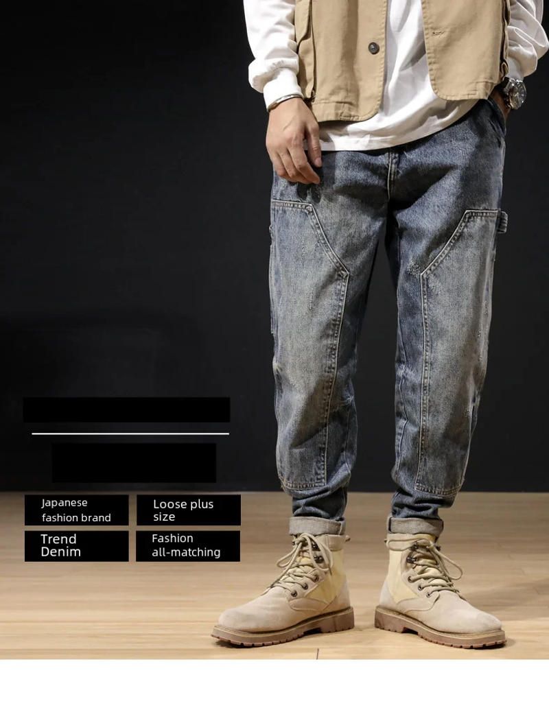 Description Picture 3 of itemLoose Straight Slim Fit Men Jeans Water Washed Retro Hong Kong Style Versatile Trendy Harley Long Pants Casual Cotton Material