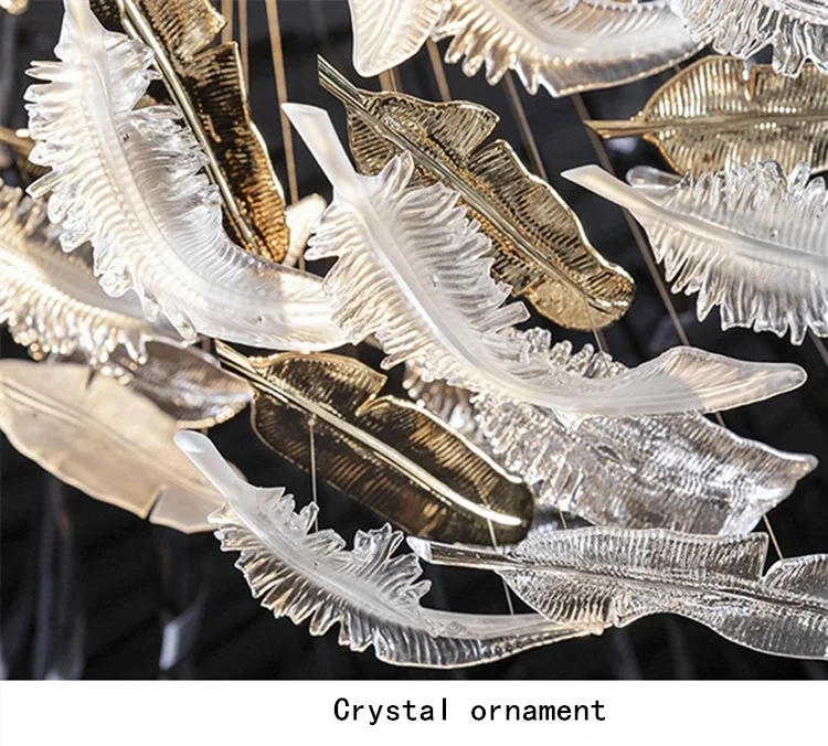 Description Picture 6 of itemLuxuly Crystal Feather Chandelier for Staircase Salon Reception Room Hotel Hall Lobby Stainless Steel Led Ceiling Pendant Lamp