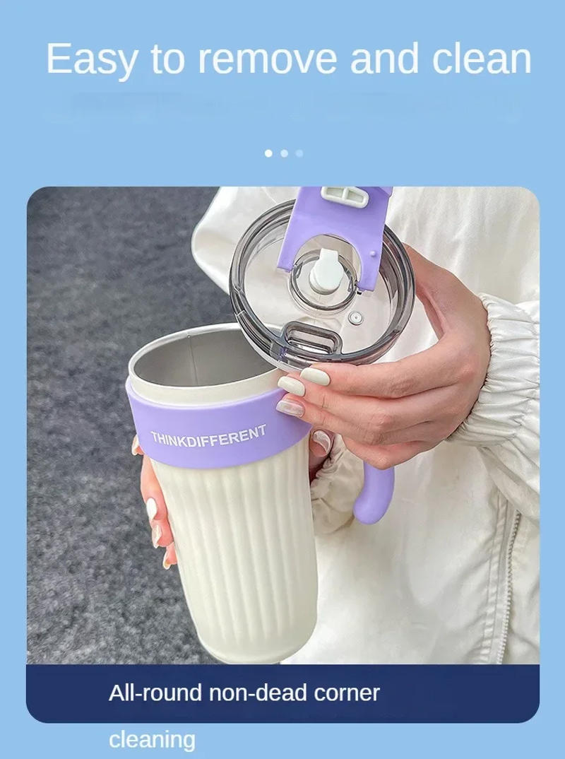 Description Picture 6 of item860ml Large Capacity Coffee Cup with Handle Straw Thermos Cup Girl Stainless Steel Ice Bomber Cup Outdoor Portable Water Bottle