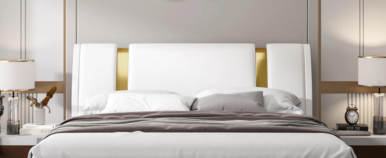 Description Picture 6 of itemModern Faux Leather Upholstered Platform Bed Frame with Golden Iron Metal Decor, Adjustable Curved Headboard, Queen White-golden