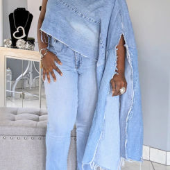 Plus Size Daily Blue Oblique Collar Batwing Sleeve Long Sleeve Split Irregular Hem Denim Jacket