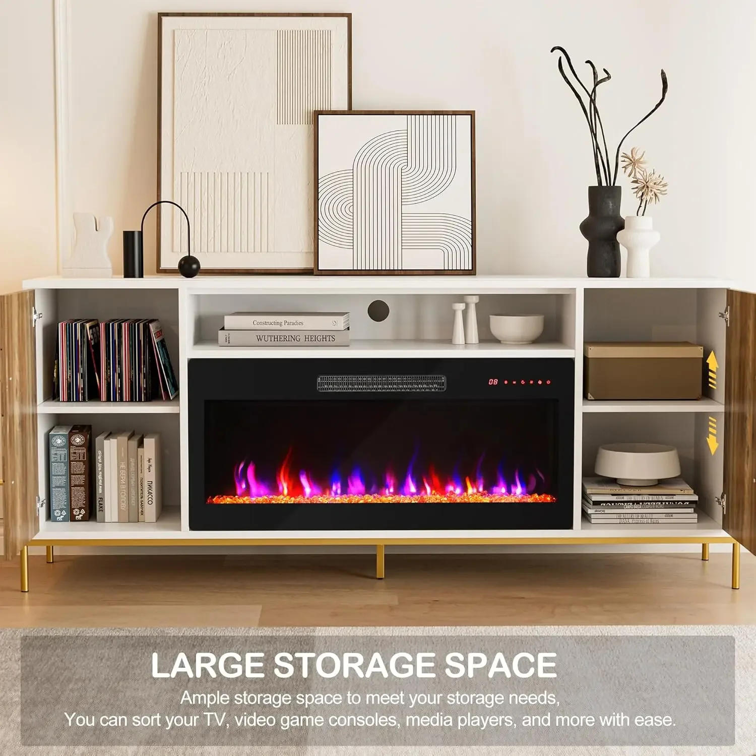 Description Picture 5 of item68" Wood TV Stand with 36" Electric Fireplace Entertainment Center with Storage Cabinet Console Table for TVs up to 75 Inches