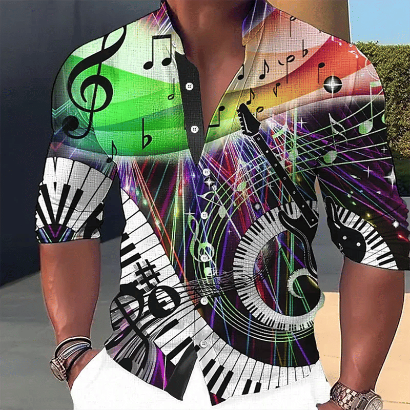 Description Picture 5 of itemLinen Fashion Stand Collar Men Shirts Cool Music Festival Notes Piano Keys HD Printing Long Sleeves Party Fashion 2023 Plus Size