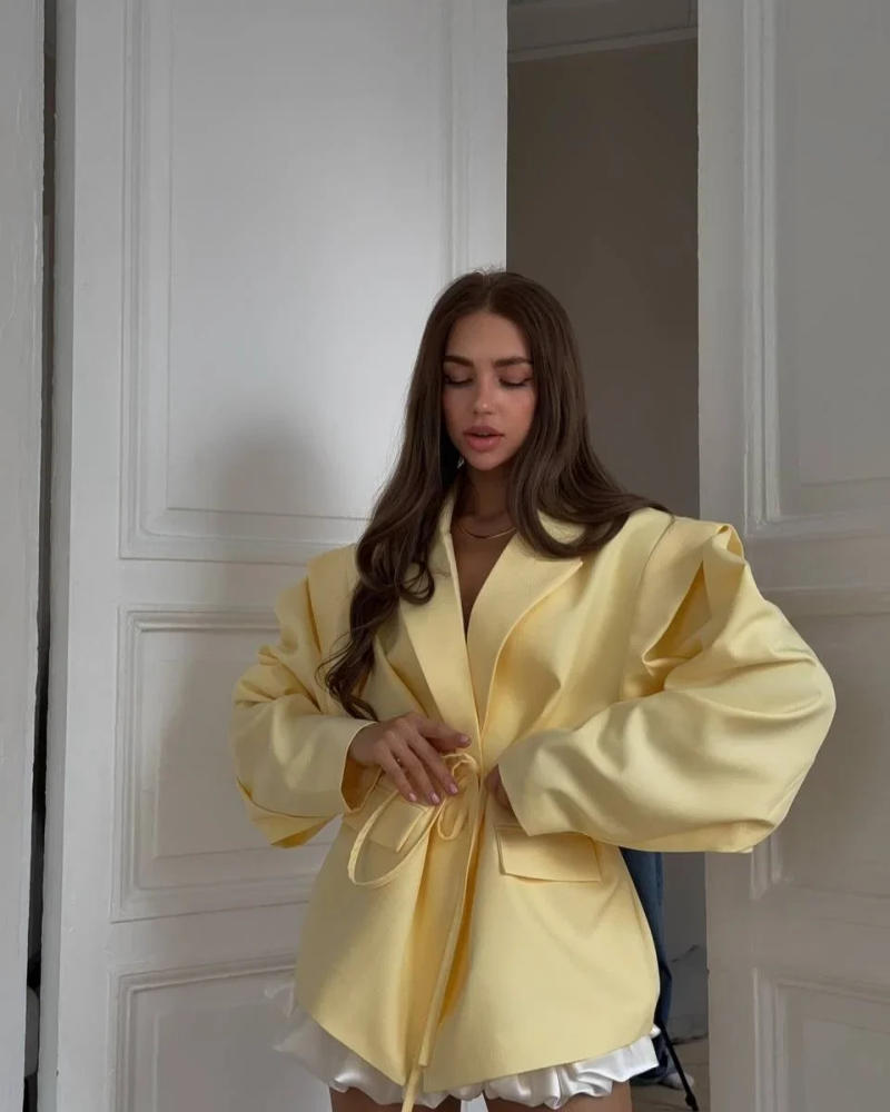 Description Picture 5 of itemElegant Solid Lapel Blazer Jackets Women Long Sleeve Single Button Lace Up Coats 2025 Spring Summer Fashion Street Lady Jacket