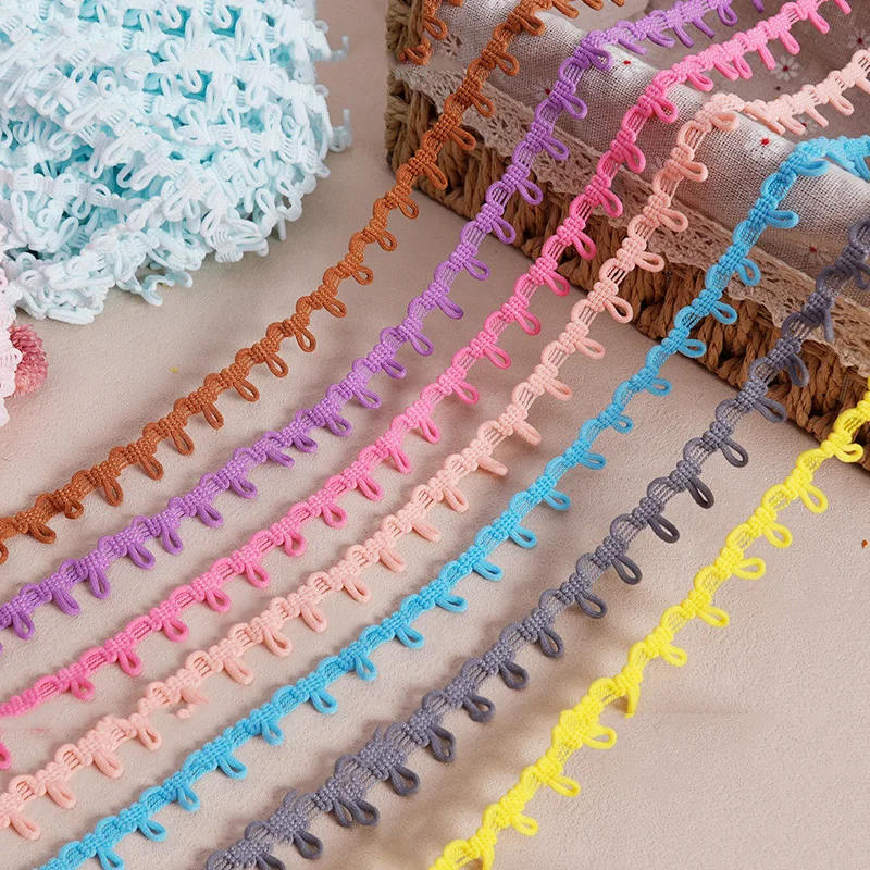 Description Picture 3 of itemElastic Lace Ribbon Black White Color Button Loops DIY Multicolor Handmade Lace Trimming for Clothes Sewing Rubber Band 20yards