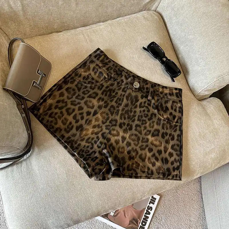 Description Picture 6 of itemSexy Leopard Print PU Leather Shorts Women Black High Waist Leather Shorts with Belt