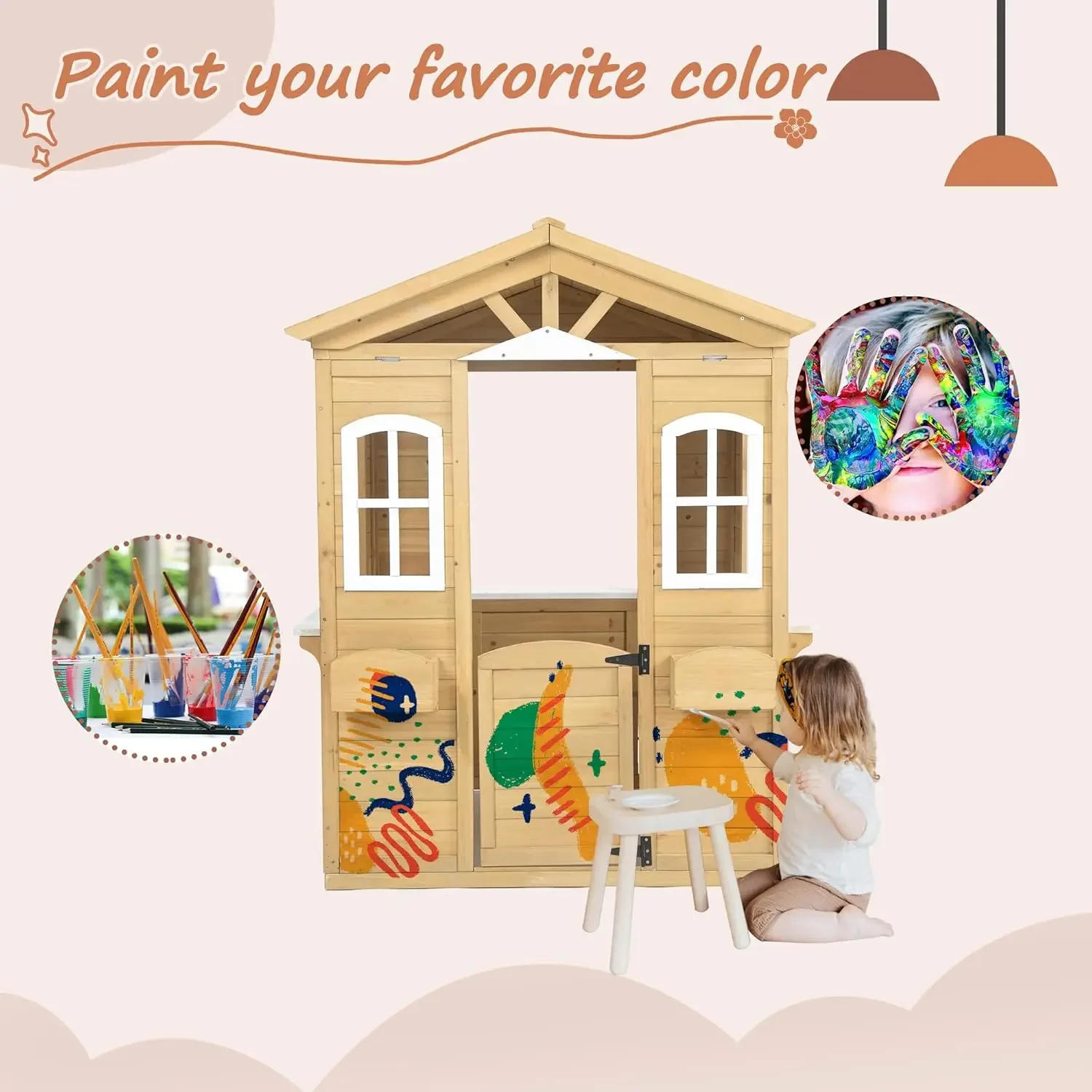 Description Picture 5 of itemWooden Playhouse for Kids Outdoor,Kids Playhouse with Working Door, Windows, Mailbox,Flowers Pot Holder & Serving Station,