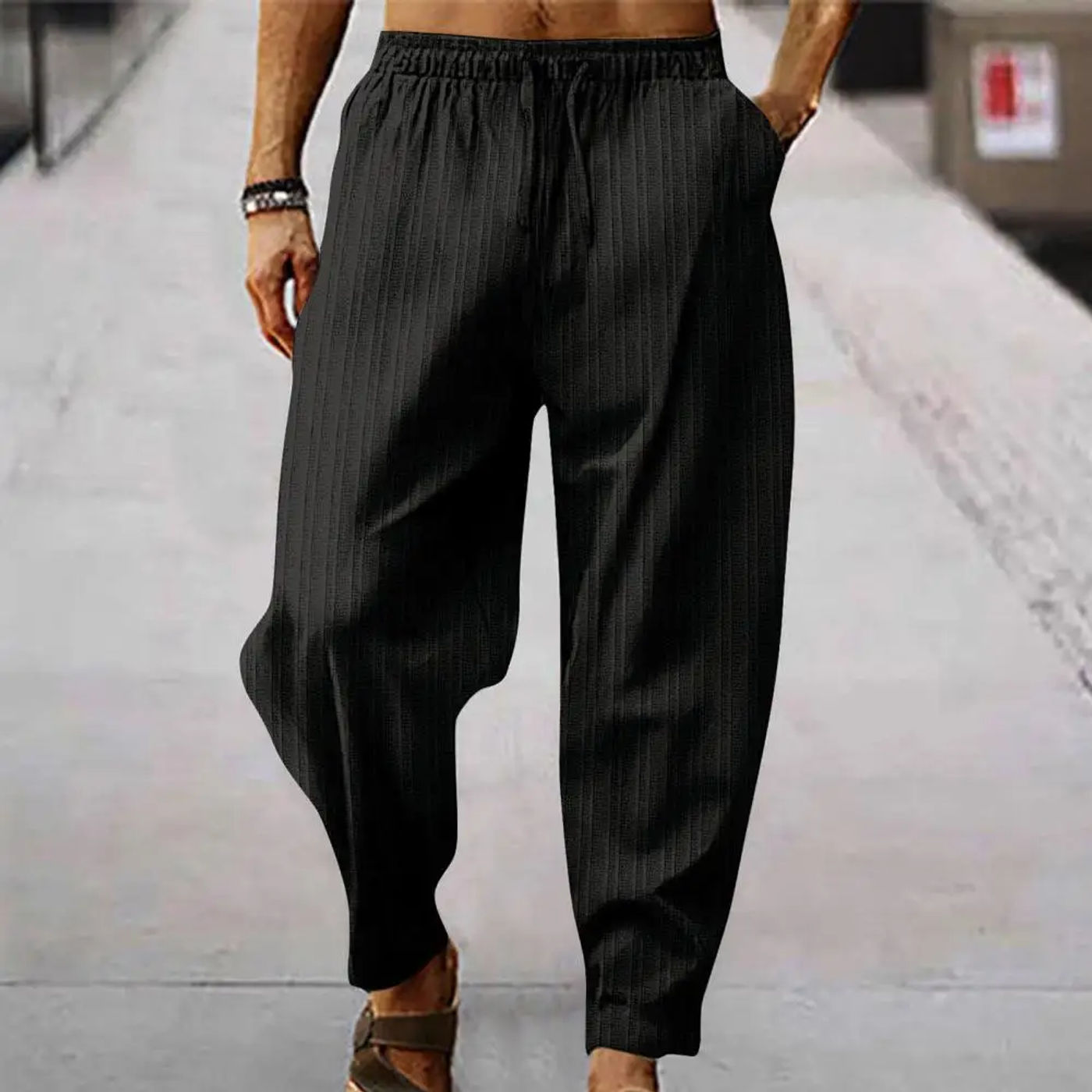 Description Picture 5 of itemElasticated Waistband Pants Men's Wide Leg Striped Sweatpants with Elastic Waist Deep Crotch for Sports Leisure Soft Breathable