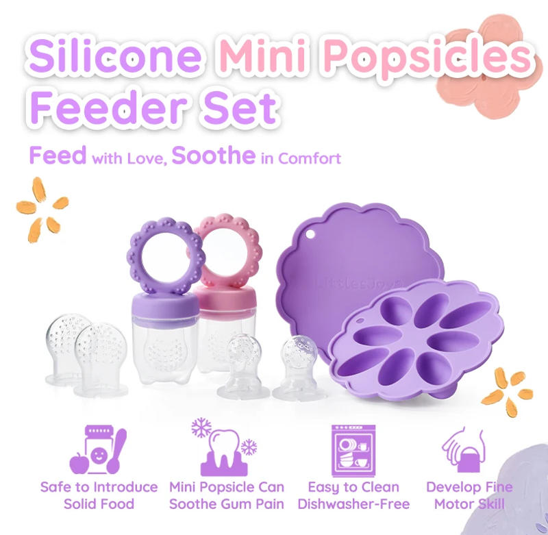Description Picture 2 of item1 set-Sunflower Baby Fruit Feeder Set Silicone Mold Ice Cream Maker 2 Popsicle Molds 1 Tray Baby Feeder With Nipples