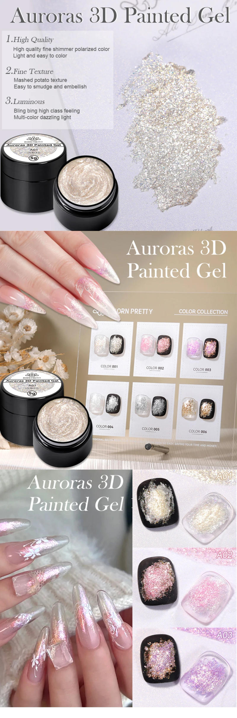 Description Picture 4 of itemBORN PRETTY 5ml Auroras 3D Painting Gel Nail Polish Spaking Glitter Super Shining Soak Off UV LED Nail Art Varnish Manicure