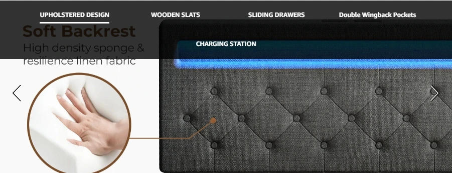 Description Picture 5 of itemUS Twin Bed Frame with LED Lights and Charging Station, Upholstered Bed with Drawers, Wooden Slats, Noise Free, Easy Assembly