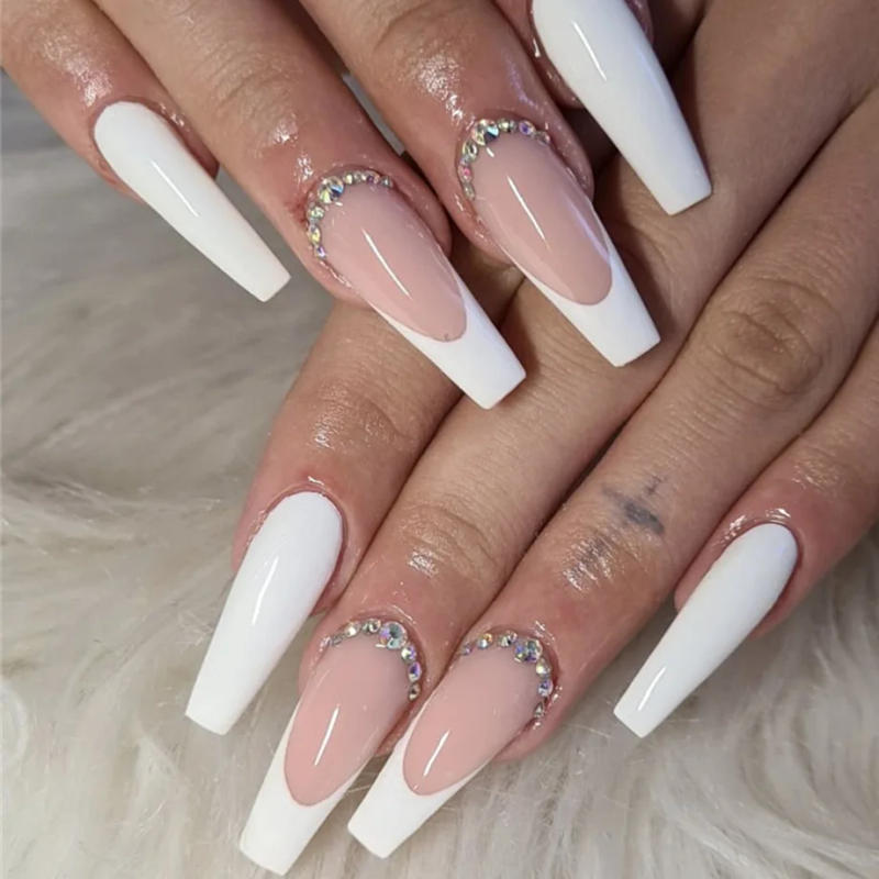 Description Picture 3 of item24Pcs Simple White French Press on Nails with Glue Long Ballet False Nails Wearable Coffin Fake Nails Full Cover Nail Tips