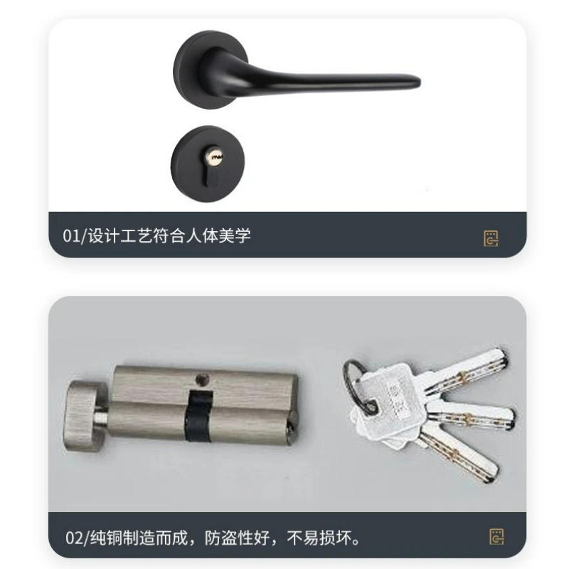 Description Picture 5 of item1 set of aluminum alloy black split type indoor door locks bedroom and study door handles split type locks with keys included
