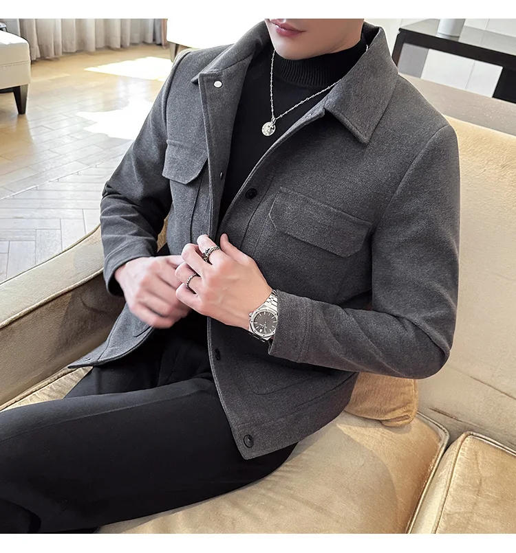 Description Picture 4 of itemAutumn/Winter Men Slim Fit Wool Classic Solid Color Jacket High Quality Business Casual Woolen Jackets Fleece British Style Coat