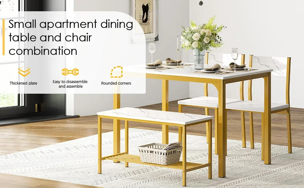 Description Picture 4 of item4-person Dining Table Set, 43.3-inch Kitchen Dining Table Set, 2-person Bench Dining Room Set with Storage Rack