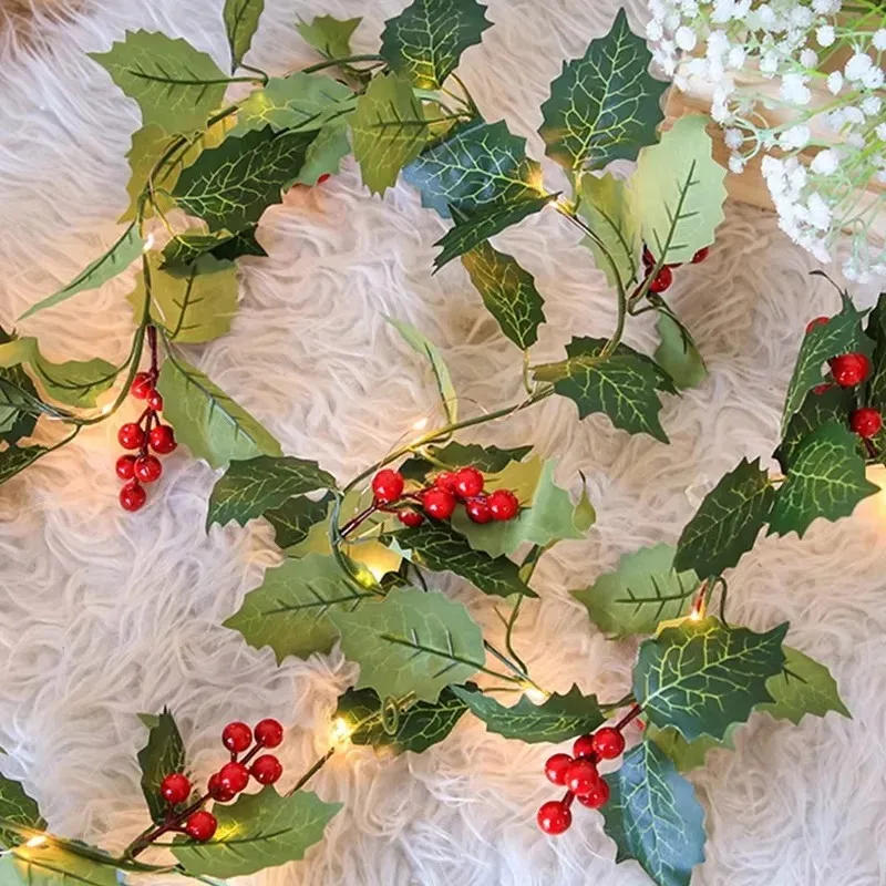 Description Picture 4 of itemArtificial Plants Christmas Holly Berry Vines Fake Green Leaves Hanging Garlands with Light Strings for Home Party Xmas Decor