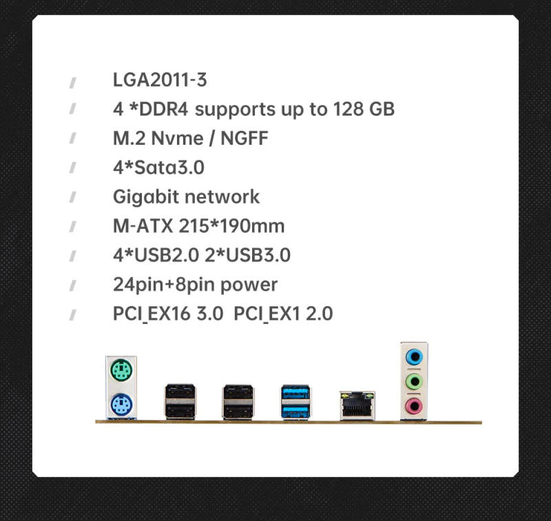 Description Picture 3 of itemQIYIDA X99 motherboard D4 LGA 2011 3 with M.2 slot Support X99 C612chip DDR4 Memory SATA3.0 USB3.0 PCI16X