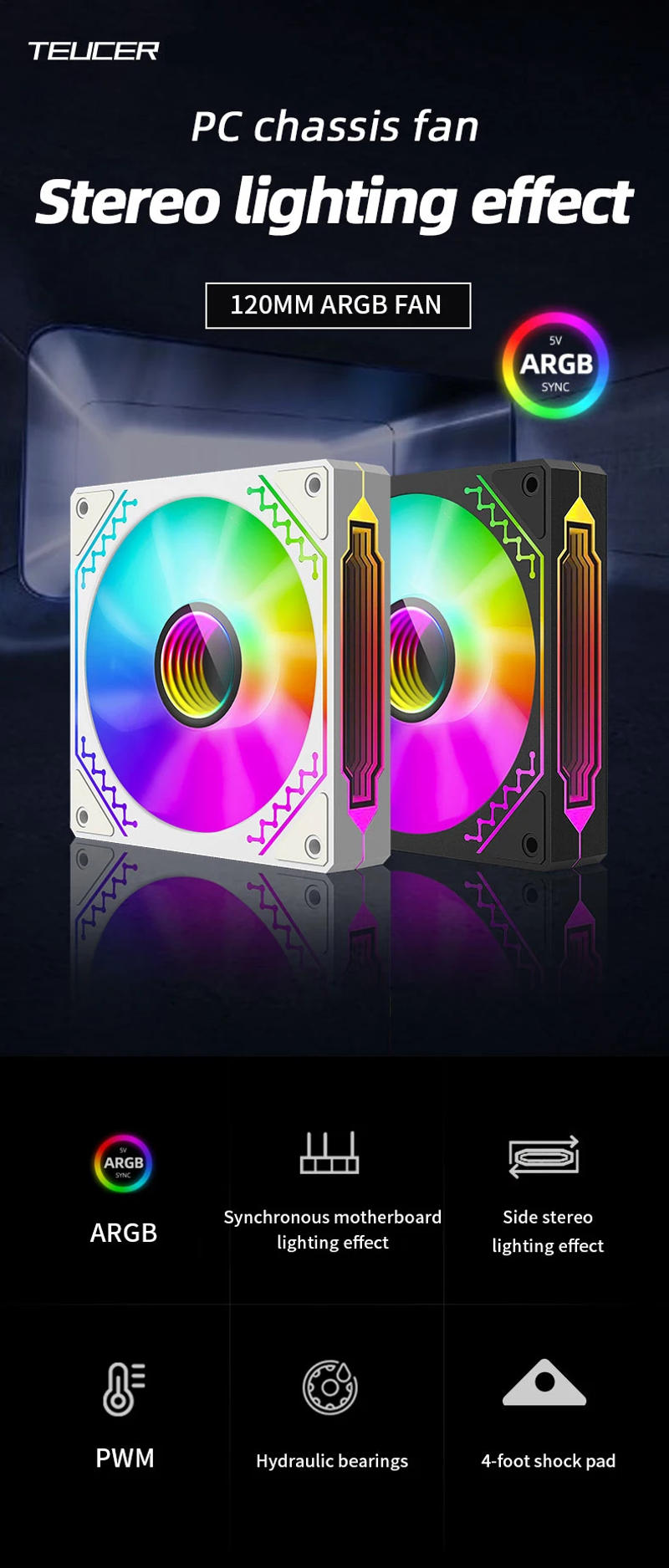 Description Picture 2 of itemTEUCER Prism12025 PC Case Fan 120mm 5V 3Pin ARGB Cyclic Mirror Light Effect PWM 800 to 2000RPM Cooling Fan 3 Piece Set