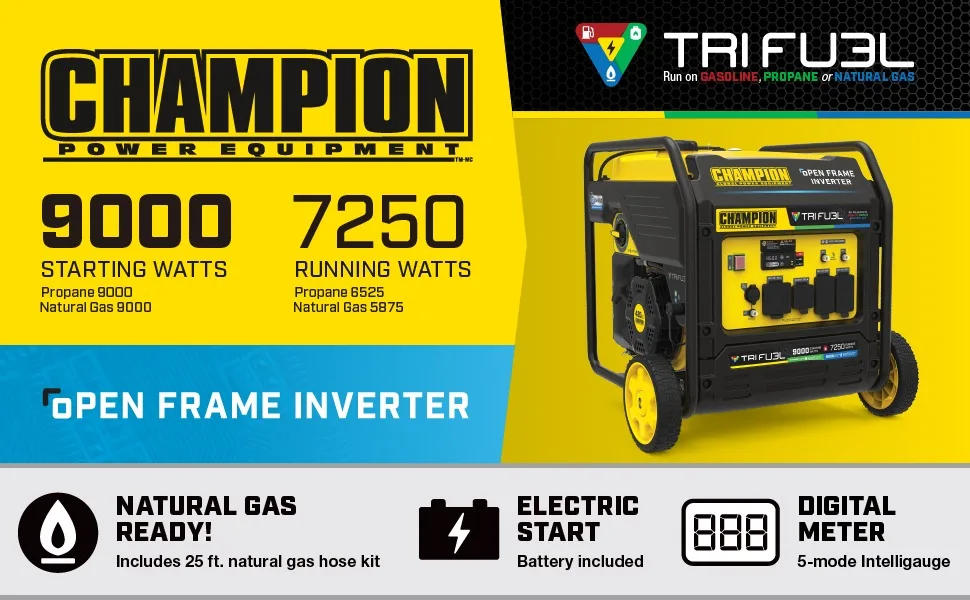 Description Picture 2 of item9000-Watt Electric Start Tri Fuel Home Backup Portable Open Frame Inverter Generator with Quiet Technology and CO Shield