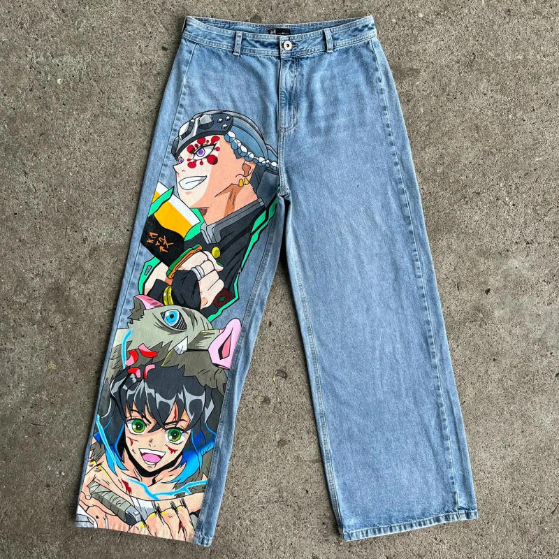 Description Picture 3 of itemHarajuku Wide Trouser New Anime Graphic wide leg jean Skateboard Streetwear Y2K denim mens Jeans Style Couples High Waist Pants