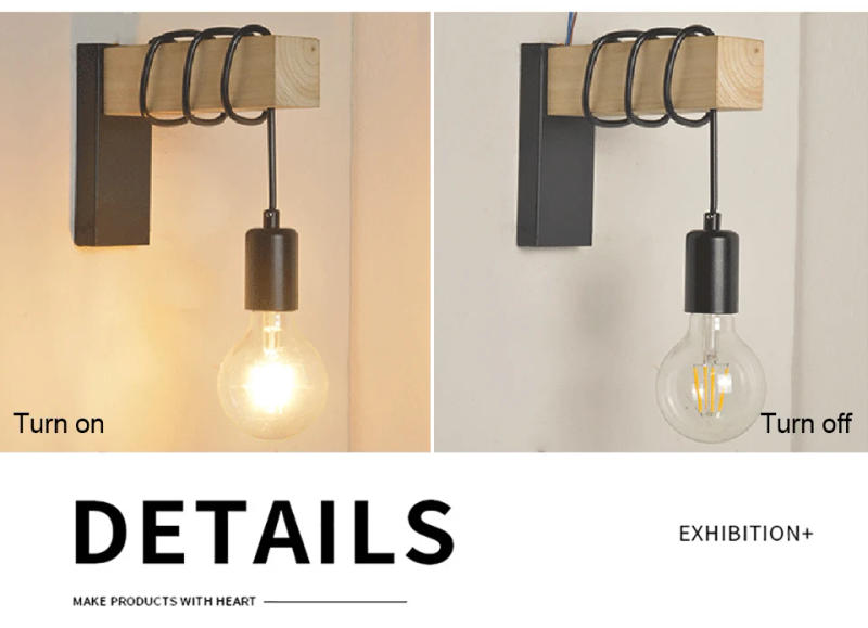 Description Picture 3 of itemRetro Wood Wall Lamp Vintage Sconce Wall Lights Fixture E27 Indoor Home Decor Dining Room Bedside Lamp Bedroom Lighting