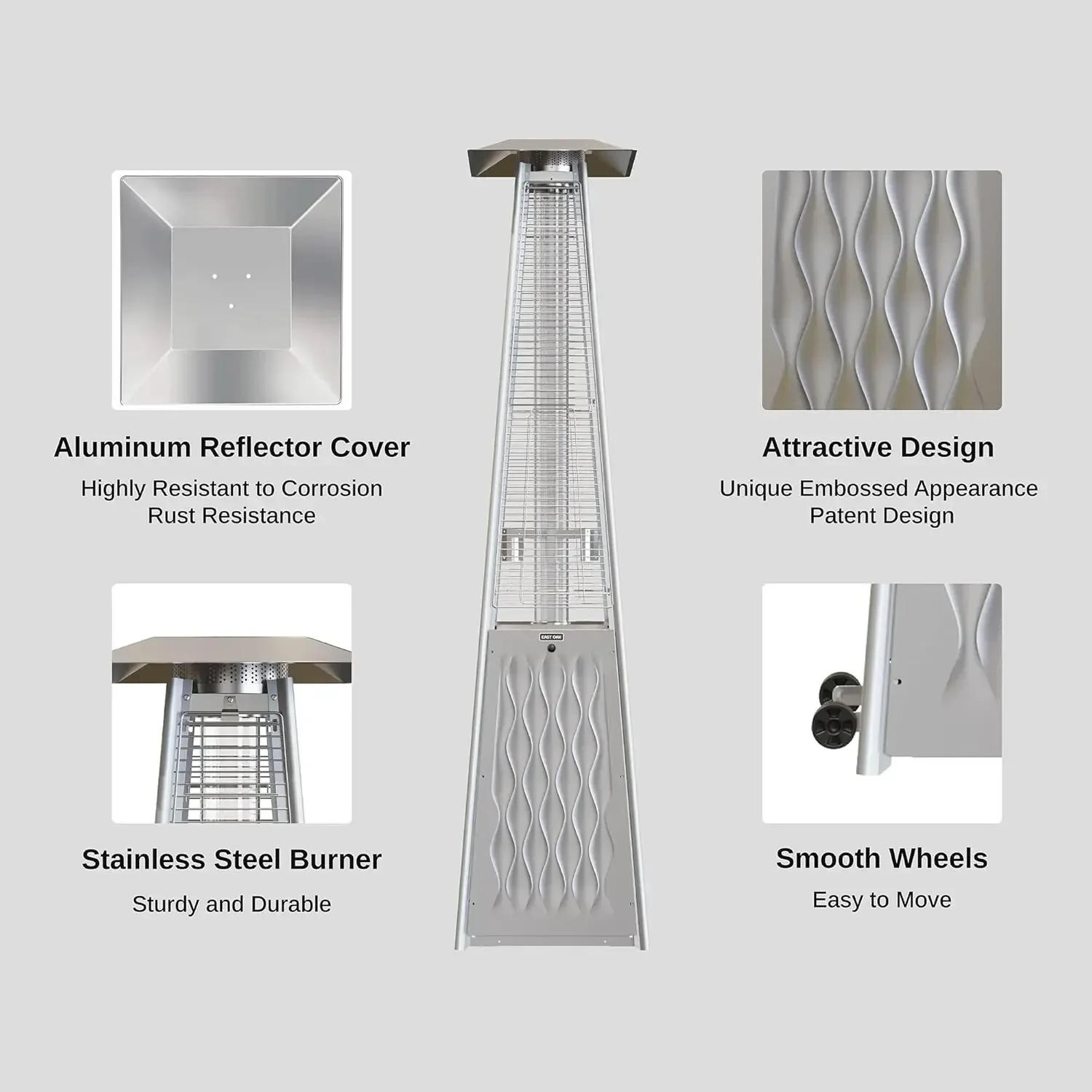 Description Picture 4 of itemPyramid Patio Heater 48000 BTU Outdoor Flame Patio Heater All Stainless Steel Quartz Glass Tube Propane Heater Triple Protection