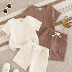 2025 New Khaki Brown Waffle Fabric Lapel Short-Sleeve Bag Cover Shorts Comfortable Skin Friendly Simple Casual Four-Piece Suit