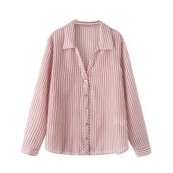 European and American style 2024 autumn new products women's versatile commuting striped drape long-sleeved lapel shirt