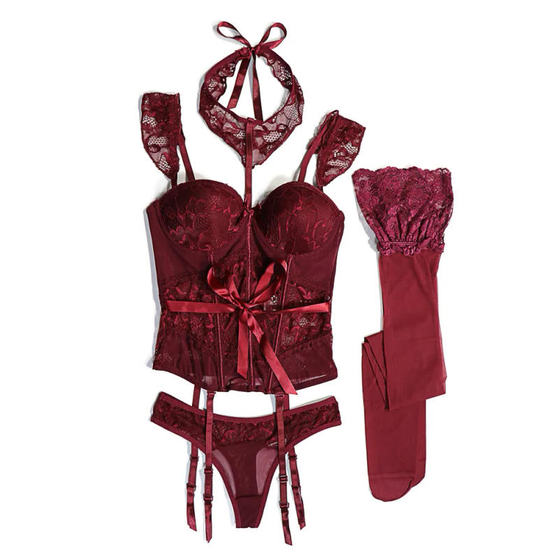 Description Picture 3 of itemVarsbaby Sexy Lace Corset Body Shapewear Set Women Bustier with Suspenders Stockings Choker 4pcs Body Shapers Lingerie