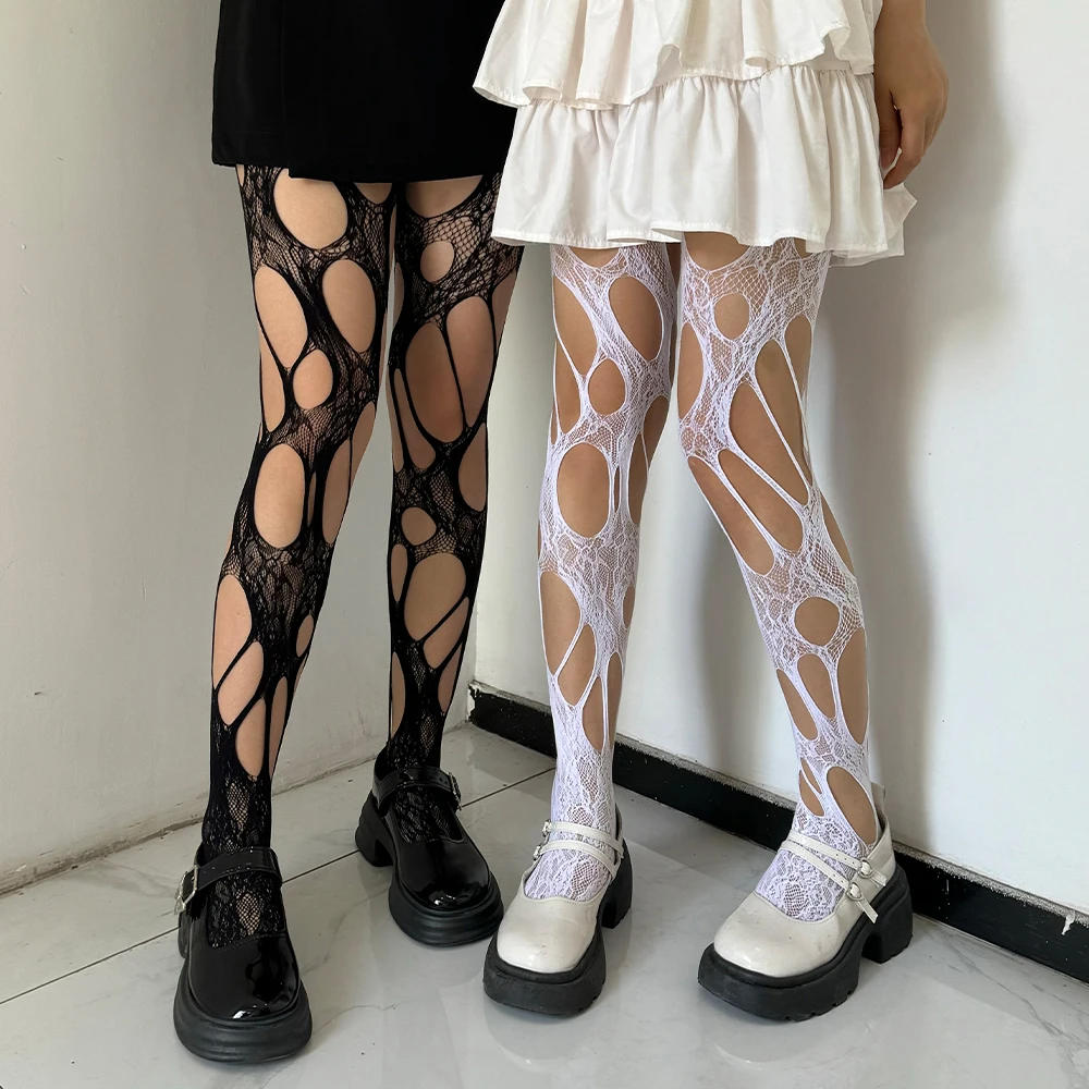 Description Picture 6 of itemWomen Sexy Stockings White Lace Broken Hole Fishnet Socks Black Tights Woman Large Mesh Hollow Pantyhoses Fishnets Gothic
