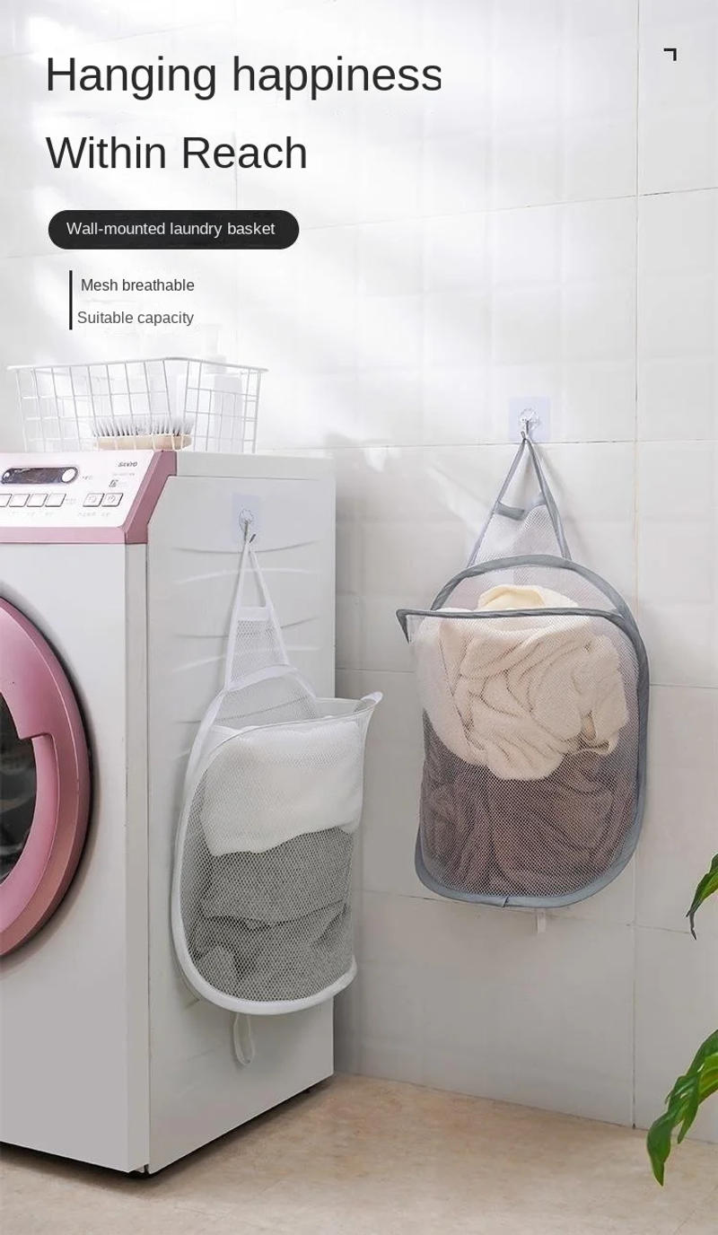 Description Picture 2 of itemFoldable Storage Laundry Basket Organizer Dirty Clothes Mesh Bag Household Wall-mounted Bathroom Clothes Hanging Baskets Bucket