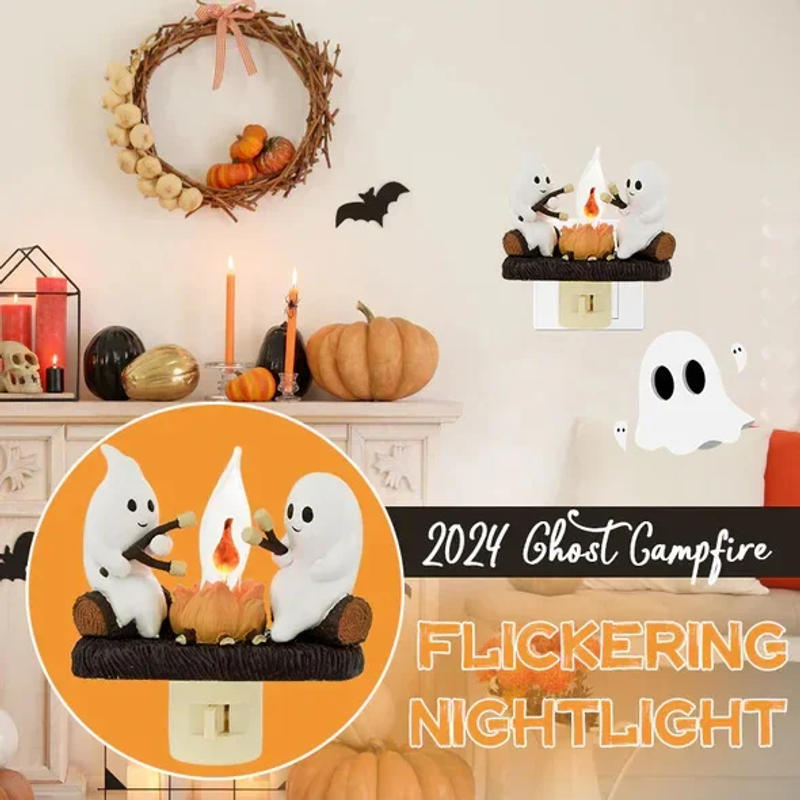 Description Picture 5 of itemHalloween Ghost Campfire Flickering Nightlight-2 Ghosts Roasting Marshmallows At Campfire 3D Spooky Fire Marshmallow Night Light