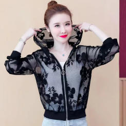 Summer Slimming Lace Thin See-through Design Large Size Zipper Open Cardigan Hooded Short Length Sun Protection Women's Jacket
