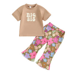Girls Summer 2PCS Pants Sets Short Sleeve Letter Print Tops Floral Flared Pants Sets