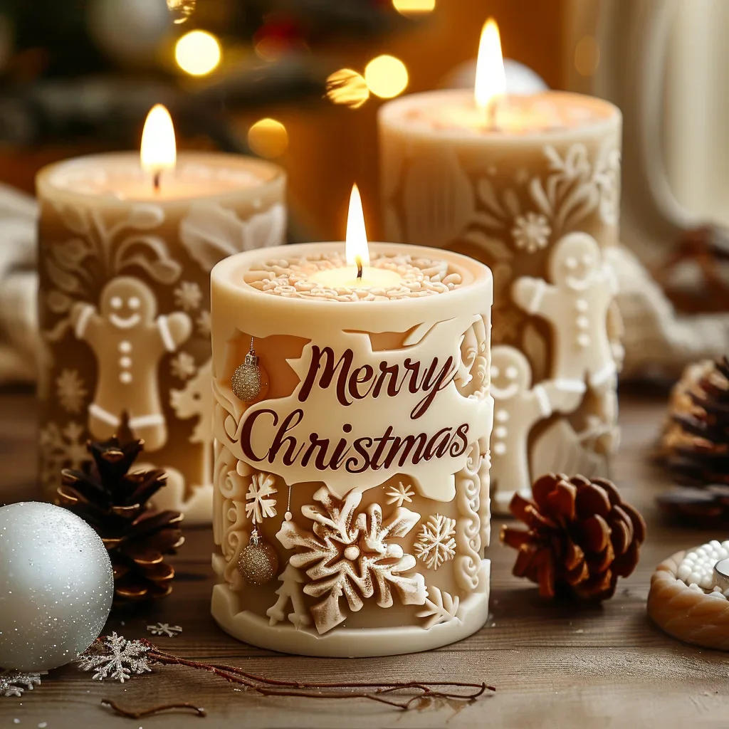 Description Picture 3 of itemChristmas Scented Candle Silicone Mold Christmas Letter Snowflake Candle Ornament Cylindrical Fragrance Candle Making Tools