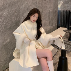 3 Colors Women Autumn Winter Long Woolen Cloak Real Fox Fur Collar Woolen Coat Luxury Double-sided Cashmere Poncho Blend
