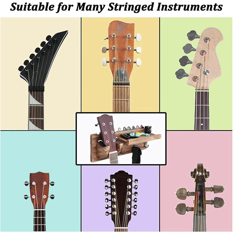 Description Picture 5 of itemGuitar Wall Hanger Guitar Holder Wall Mount Bracket Hanger Guitar Wood Hanging With Pick Holder And 3 Hooks Carbonized